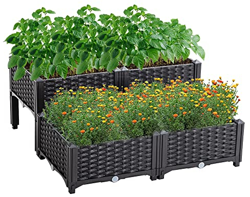 Mingone Hochbeet aus Kunststoff-Rattan, 80×80×23-38 cm (höhenverstellbar), Pflanzkasten für Gemüse/Blumen/Kräuter – Wetterfest, UV-beständig, für Garten/Balkon/Terrasse Schwarz