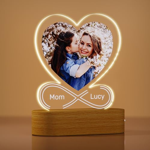 Rainsar Lampe Personnalisée avec Photo, Personnalisé Veilleuse en Forme de Coeur pour Maman, Décoration Originale Cadeaux pour Fête des mères Saint Valentin Noël Anniversaire