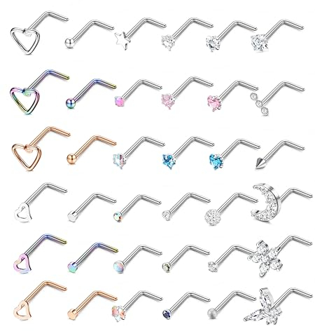 LOLIAS 36 Stück 20G Nasenpiercing Stecker 316L Chirurgenstahl Nasenstecker Silber Herz Stern Mond Nostril Piercing Damen Screw/Straight/L-Form Nasenpiercing Ring Nasen Nase Stud Nose Piercing Schmuck