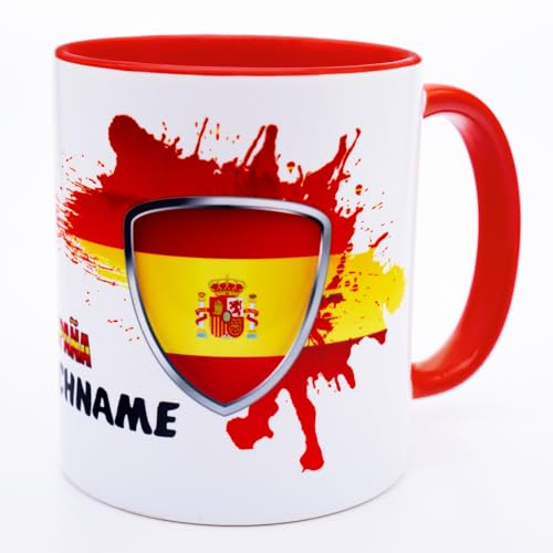 Spanien España Tasse mit Name personalisiert Spain Wappen spanische Produkte 2025 Flagge Fahnen Fanartikel Spruch Becher Geschenk Mann Frau Geburtstag Español Productos Taza Bandera Keramik 330 ml