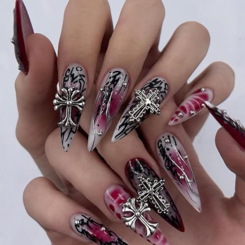 MouyouGlow Press on Nails Long,Stiletto Halloween 3D Cross Blood Schwarz Gothic Fake Nails mit Nagelkleber,Vampire Black Rot Künstliche Fingernägel
