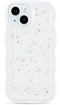 ZTOFERA Wavy Case for iPhone 14 (6.1), Cute Girls Clear Curly Wave Frame Shape Bling Sparkle Star Glitters Soft TPU Back Cover Protective Phone Case Lightweight Shockproof Bumper Cover, White