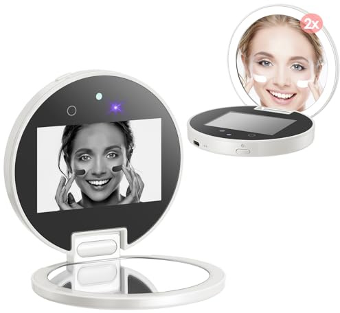 Vanexiss Cámara UV para prueba de protector solar, espejo UV, cámara de protección solar, recargable de 3.8 pulgadas, espejo de tocador de aumento 2X con luz, espejo de bolsillo de doble cara para