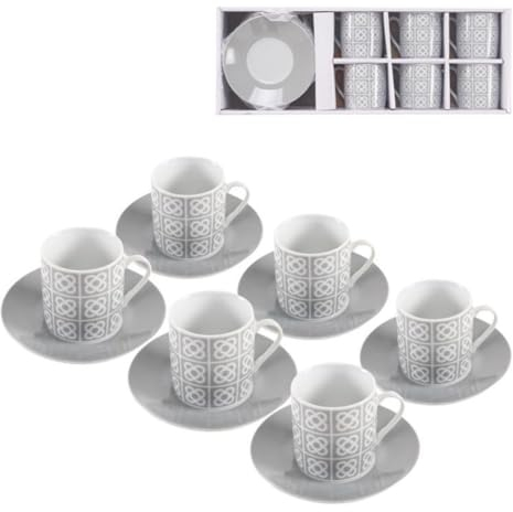 ROCKING GIFTS Juego de Café 6 Tazas Pequeñas 90ML con Plato, Cerámica Gris Panot Barcelona, Apto Lavavajillas y Microondas, para Invitados Fiesta
