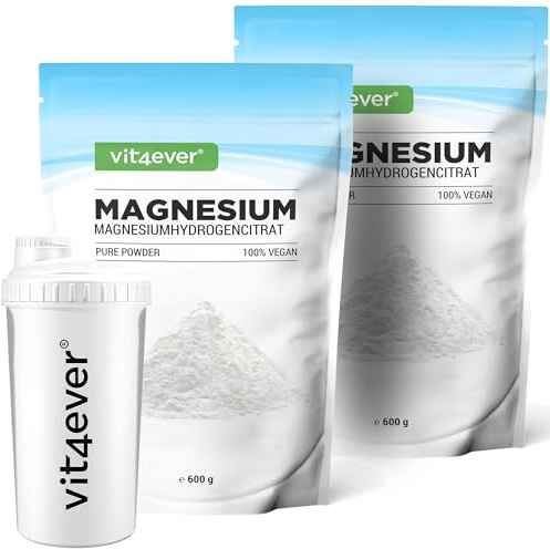 vit4ever Magnesium Pure + Shaker - 1200g Pulver (2x 600g) | Magnesiumhydrogencitrat, 260 Portionen, laborgeprüft, ohne Zusätze, vegan