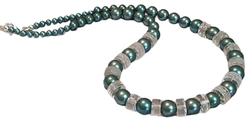 Generisch IohanaSchmuck Collier aus Edelsteinen, Bergkristall-Halskette mit Muschelkernperlen Petrol und Silberelementen, handmade in Munich, handgemacht