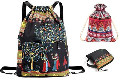 ZBHDEYG 1 mochila de viaje, 1 bolsa de almacenamiento, mochila estampada con cordón, mochila plegable de viaje, mochila deportiva, mochila portátil para mujer, multicolor