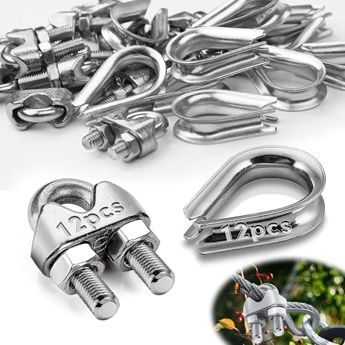 Mbsomnus 24 Stück Seilklemmen 3 mm Edelstahl Set Drahtseilklemme M3 | 12 Stk Stahlseil Klemme, 12 Stk Kauschen 3mm Edelstahl A4, DIN741, Bügelseilklemme, Stahlseil Seilverbinder, für Wäscheleine