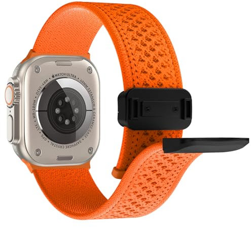 Elástico Correa Compatible con Apple Watch 42mm 44mm 45mm 49mm Mujer Hombr, Trenzada Nylon Sport Ajustable para Apple Watch Ultra Serie 9 8 7 6 SE 5 4 3 2 1 (Naranja)