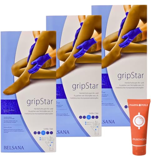 PHARMA PERLE BELSANA GripStar Spezialhandschuhe I Handschuhe zum An- und Ausziehen von Strümpfen, Kompressionsstrümpfe, Stützstrümpfe I Arbeitshandschuhe I Größe M I Spar-Set plus give-away (3 Paar)