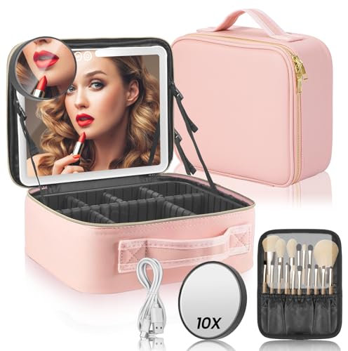 Make-up-Tasche mit Spiegel und Licht, Reise Schminktasche mit 3-Farbigem LED-Beleuchtetem, Tragbare Kosmetiktasche mit Verstellbaren Trennwänden und Make-up-Pinsel-Aufbewahrung