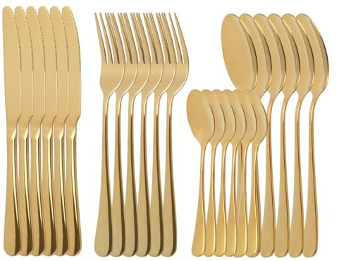 24 teiliges Besteck Set Gold, Luxus Edelstahl Besteck Set, Tafelsilber Set für 6 Personen mit Löffel Messer Gabel Set, gold besteck spülmaschinenfest/leicht zu reinigen/spiegelpoliert