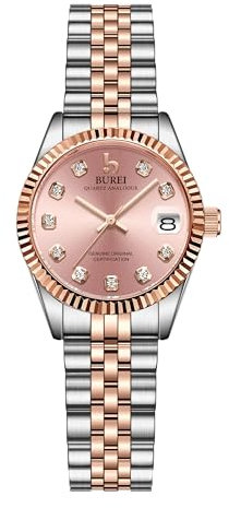 BUREI Orologio da Polso Donna, 36MM, Analogico al Quarzo, Acciaio Inox Argento con Calendario (rose)