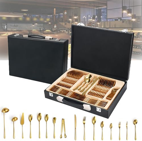 Juego de cubiertos de 84 piezas, juego de cubiertos de acero inoxidable con caja de regalo, servicio para 12, cuchillo de mesa/cuchara y tenedor/cucharadita/tenedor de ensalada