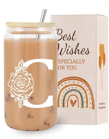 VivaJoy A-Z Initial Personalised Birthday Gifts for Women - Monogrammed Gifts for Women,Initial Letter C,Glass Cups with Lids Straws, Christmas or Birthday Gifts for Her,Mum,Friend,Sister（Letter-C）