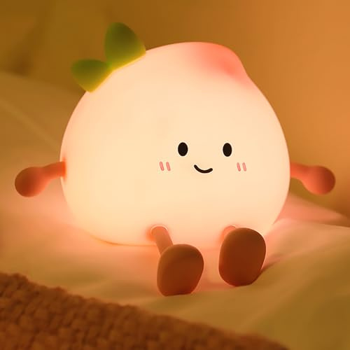 Süße Pfirsich Nachtlicht, 3 Helligkeitsstufen Dimmbar Silikon Stilllicht mit Timer, Touch Lampe Kinderzimmer Mädchen, LED Baby Nachtlicht Akku Move Früchte Nachtlampe Kawaii Baby Geschenke (Warm)