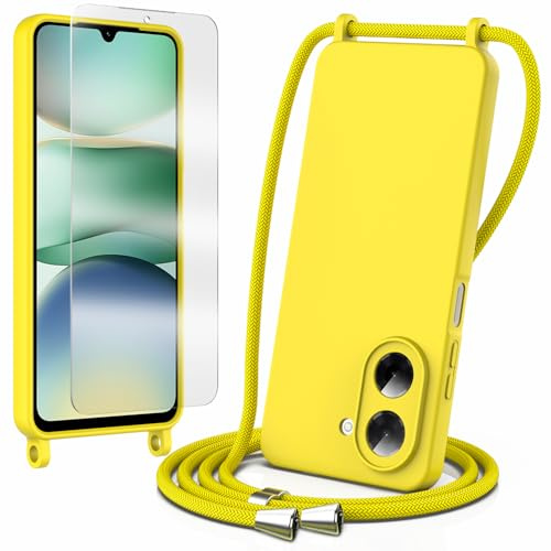 Coque pour Xiaomi Redmi A5 4G,1 Film de Protection en Verre trempé, avec Cordon, Collier Étui Souple Silicone Liquide avec Tour de Cou Lanière, Réglable, Amovible, Antichoc Bumper Housse,Jaune