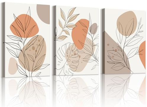 WENGTIAO 3 Stück Boho Abstrakt Pflanzen Leinwand Bilder Kunstdrucke Gerahmt | Beige Orange Geometrisch Block, Minimalistische Blätter Wandbilder für Modern Wanddeko Wohnzimmer Schlafzimmer 30x40cmx3