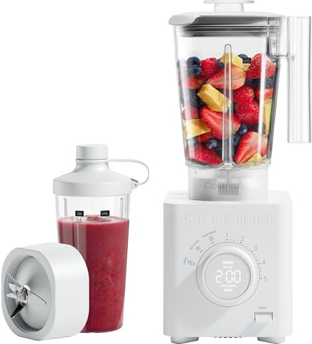 Chefman 1.2L Obliterator Smoothie Blender, Crush Ice, Nuts and Frozen Fruit, 1380W, Stainless Steel Blade, Auto Blend Function, Includes 600ml Travel Jar – Concrete