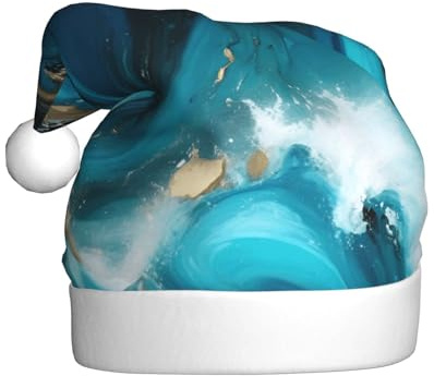 PUYhgb Weihnachtsmütze für Erwachsene, Türkis, Blau, Gold, Marmor-Druck, Weihnachtsmannmütze, Urlaubszubehör, Weihnachtsmütze für Feiertage, Bühnenauftritte