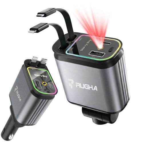 Rugha 66W 4-in-1 Retractable Car Charger USB C Fast Charging Adapter | Starry Sky Light Design with Retractable Cables for Multi-Device Charging in Cars, SUVs, Trucks & RVs
