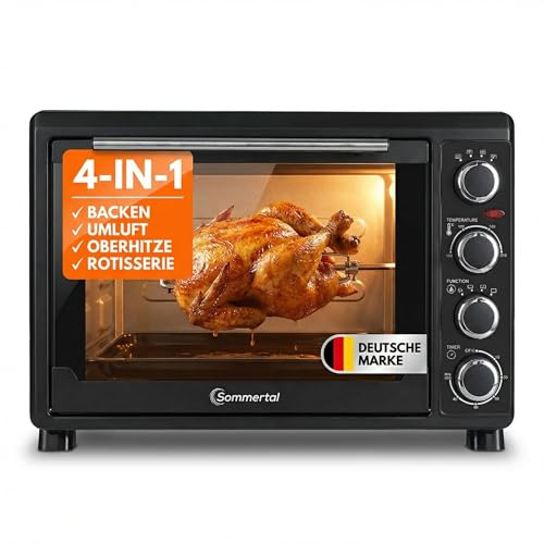 Sommertal Minibackofen 30L | 1500W, Drehspieß, Umluft, 100-230°C, 60min | Hähnchengrill, Backen, Grillen & Pizza, Timer, Campingbackofen, Tischbackofen, Pizzaofen & Toasterofen, inkl. Zubehör