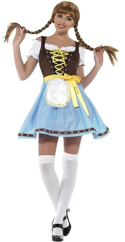 Smiffys Olga Bavarian Costume, Blue & White with Short Dress, Apron, Top & Mock Suede Bodice, Oktoberfest Fancy Dress, Adult Dress Up Costumes