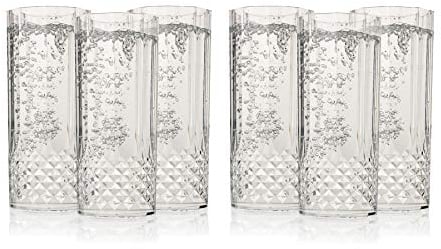 ADEPTNA Pack of 6 Clear Crystal Effect Long Drink Glasses - Plastic Highball Whiskey Wine Champagne Flute Glasses Tumblers Drinks Cups Reusable and Durable