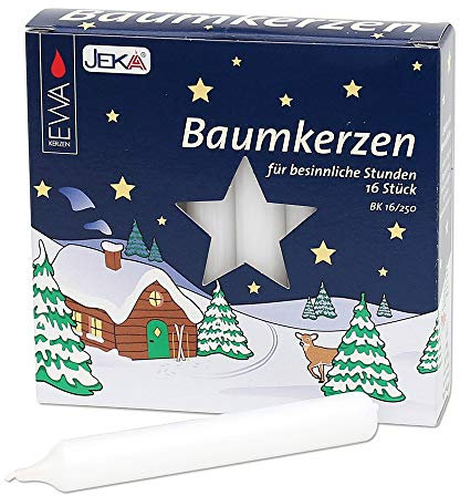 JEKA - Ebersbacher Kerzen 16er Baumkerzen weiß 14 cm x 14 cm x 115 cm, Unparfümiert, Minimalistisch, Indoor, Metallic Container, Wohnraumdekoration, Kerze