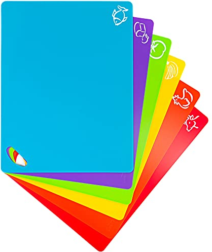 Extra dicke, flexible Kunststoff-Schneidebrett-Matten mit Lebensmittel-Symbolen und EZ-Grip, Waffelrückseite, spülmaschinenfest, 6 Stück