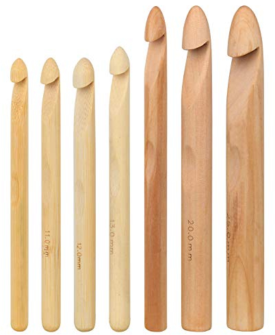 Coopay 7 Stück Großes Holz Bambus Häkelnadeln, 10mm - 25mm Groß Häkelnadel Set, Enorm Häkelnadel für Dicke Wolle oder für Stoffstreifen,Klobige Häkelnadel Ideal für Teppich Kissen und Spitze Projekte