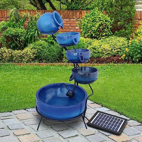 Fuente de Agua en Cascada de Jardín de 4 Niveles Energía Solar Decoración de Jardín Patio Terraza de Resina Impermeable Azul Bola Redonda Esfera Exterior Punta de Tierra para Panel Solar GRATIS