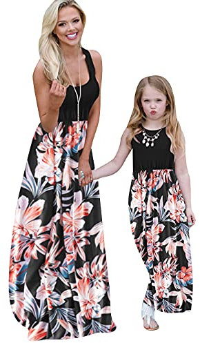 OMZIN Mutter und Tochter Kleider Set - Party A-Linie Strandkleid Sommer Maxilang Sundress Ärmellose Schwarze Blumen 9-10 Jahre