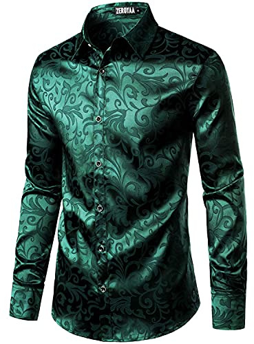 PARKLEES Chemise de luxe à manches longues en jacquard pour homme, coupe ajustée, en satin, imprimé floral, chemises pour mariage, bal de fin d'année