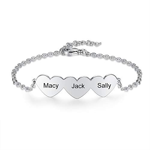 Lam Hub Fong Armband Frauen mit 2~5 Herzanhänger Personalisierte Damen Fußkettchen mit Namen Graviertes Armband Verstellbares Geschenk für BFF Mädchen Dame Frau Mama (3 Herzanhänger)