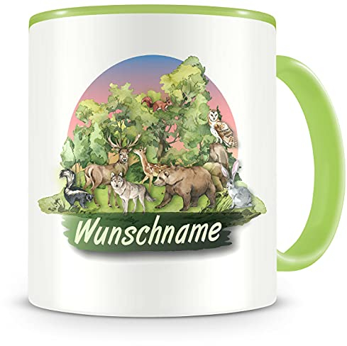 Samunshi® Kindertasse mit Namen Tasse Waldtiere Personalisierte Tasse mit Namen Kinder Kinderbecher mit Namen Kindergarten grün 300ml
