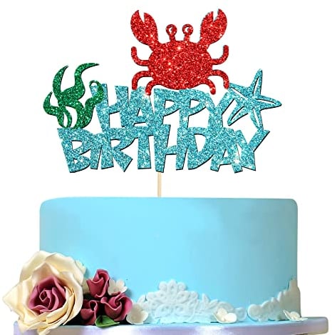 Sky Blue Happy Birthday Cake Topper with Crab, Under The Sea / Sea Food Cake Decoration, Crawfish Cupcake Topper, Sea Animals Party Sign, Baby Shower / Kids 1st 2nd 3rd Birthday Party Supplies