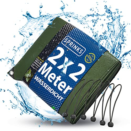SPRINKS® Abdeckplane Professional 240 g/m² [2x2m] - Robuste Gewebeplane mit Ösen - Plane Wasserdicht und UV Beständig - Tarp Outdoor - Wetterfeste Allzweckplane inkl. 6 Plannenspanner