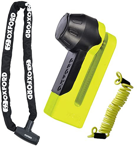 Oxford Security GP Chain8 1.5m x 8mm Round Motorcycle Chain Lock Black + OF51 Titan Security Bicycle Motorbike Motorcycle Disc Lock and Pouch Yellow + FREE 1.5M Reminder Cable