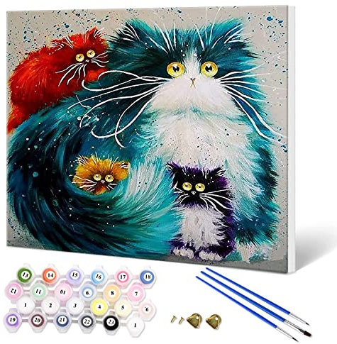 Fuumuui Pintura por números para adultos y niños, pintura con marco, incluye pinceles y pinturas acrílicas, 40 x 50 cm, animales, gatos