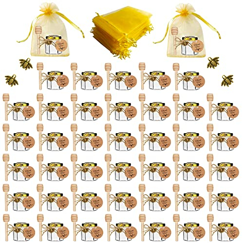 IIKUM 40 Pack Glass Honey Jars, 1.5 oz Hexagon Honey Pots with Lids, Dippers, Bee Pendants, Gift Bags, Thank You Cards, Jute and Stickers-Great Honey Jars Set for Baby Shower, Wedding and Party Favors