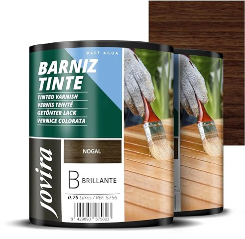 JOVIRA PINTURAS Barniz Tinte Brillante al Agua, acabado Brillo. Especial para teñir y barnizar maderas. (2x750 Mililitros, Nogal) E-40-2