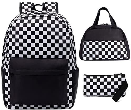 UREYMX Checkered Backpack - School Backpack for Kids, Large Capacity, Waterproof, Lightweight, Black, 3 in 1 Black and White Plaid, 17x12x5.5, Traditional Backpacks