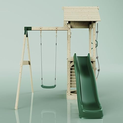 Rebo Spielturm mit Wellenrutsche und Kinder-Schaukel | Outdoor Klettergerüst Garten | Kletterseil und Kletterleiter | Stabile Konstruktion, Weiches Gefühl in den Seilen