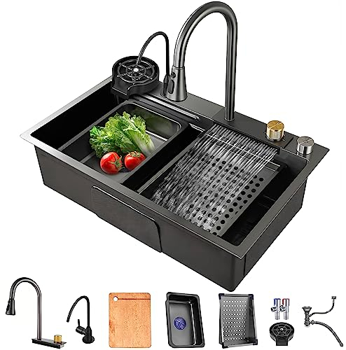 MWIDCIEW Waterfall Kitchen Sink Gunmetal Grey 304 Stainless Steel Workstation Sink with Pull Out Mixer Tap Large Single Bowl Sink for Kitchen with Multiple Accessories (80 x 45 cm)