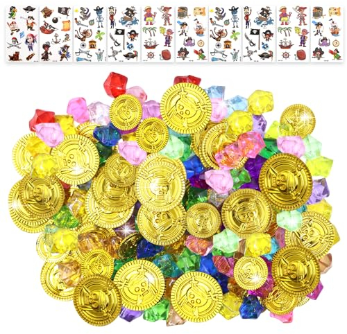 GOTFUN 160 Stück Goldmünzen Piratenschatz, Piraten Schmucksteine Set, Edelsteine Piratenschatz Kindergeburtstag Spielzeugs für Kinder Piratenparty Mitgebsel, mit Piraten Cartoon Aufkleber