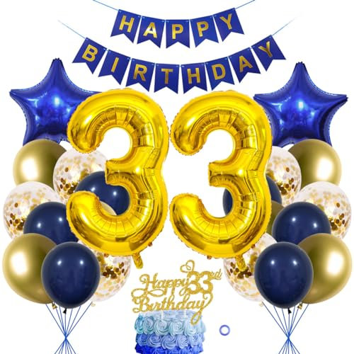 SNOWZAN 33. Geburtstag Dekorationen Blau Gold frauen Männer Deko 33 Geburtstag Männer 33 Jahre geburtstag Deko Luftballon 33. Geburtstag Luftballon Girlande 33 Jahre Geburtstagsdeko Tortendeko 33 Deko