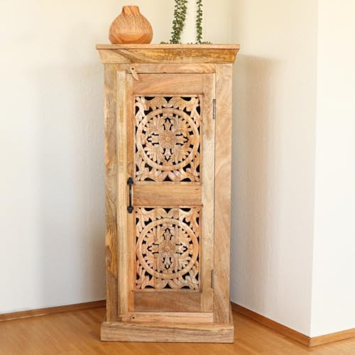 Indische Kommode Kleiner Schrank aus Mangoholz mit Schnitzerei Orientale Einrichtung Flurschrank Natur 100cm