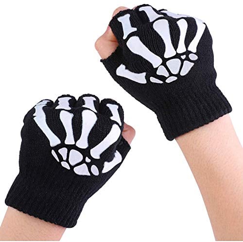 Fingerhandschuhe Strick Kinder 6 Jahre mitten Handschuh 1 / 2 / 5 Skelett warm the paar fingerlose dunkel gestrickte glow in Kinderhandschuhen & Fäustlingen Warme Handschuhe Kinder (Black1, One Size)