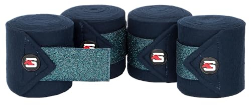 Start Glitter Bandagen Pferd 4er Set – Fleecebandagen mit Klettverschluss & Aufbewahrungstasche – Elastikbandagen für sicheren Halt & stilvollen Look beim Training (400 cm, Dunkelblau)